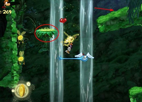 W następnej lokacji na szczycie zjeżdżalni, na który dostać się można za pomocą lian, znajduję się kolejna roślina po minięciu, której pojawi się 6 L, które należy zebrać kierując się w dół zjeżdżalni - Bujalne Jaskinie (300 L,1:15); Ponad tęczą (175 L) | Pokręcona Dżungla - Rayman Origins - poradnik do gry