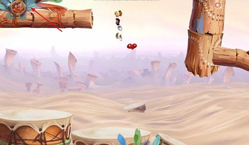 Za pierwszą bujawką zniszcz most pod, którym znajduje się bęben oraz 3 L, następnie skocz z atakiem na ten bęben, a dostaniesz się do 4 L - Szalone odbijanie (300 L, 1:30) | Pustynia Dijirdów | Rayman Origins - Rayman Origins - poradnik do gry