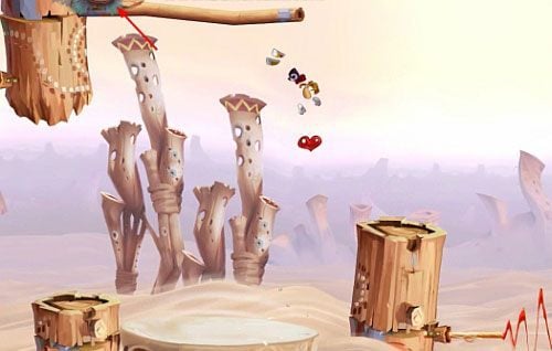 Przed drzwiami z okiem spotkasz dwóch przeciwników skaczących po pewnego rodzaju przyciskach - Szalone odbijanie (300 L, 1:30) | Pustynia Dijirdów | Rayman Origins - Rayman Origins - poradnik do gry