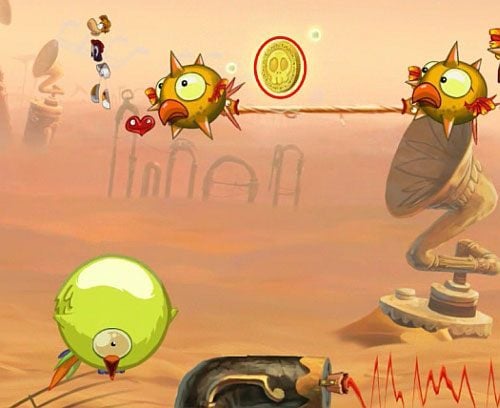 Przed mostem do zniszczenia znajdziesz Żalumek podwieszony do sufitu (3 L) - Najlepszy podkład muzyczny (300 L, 2:00) | Pustynia Dijirdów | Rayman Origins - Rayman Origins - poradnik do gry