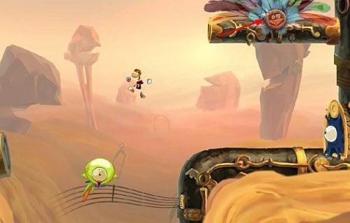 Po przejściu przez drzwi miniesz 4 roślinki (LK, 10 L i S) - Najlepszy podkład muzyczny (300 L, 2:00) | Pustynia Dijirdów | Rayman Origins - Rayman Origins - poradnik do gry