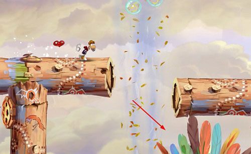 Po przejściu przez drzwi z okiem dotrzesz do miejsca, gdzie szybując zdobędziesz kolejną M - Wiatr albo przewóz (300 L, 2:20) | Pustynia Dijirdów | Rayman Origins - Rayman Origins - poradnik do gry