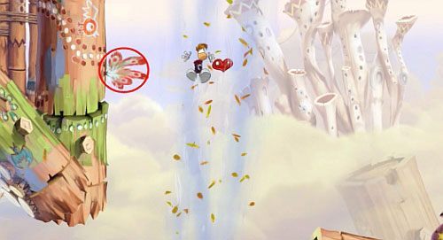 Ponownie korzystając z szybowania dostań się do M oraz bujawki, która da Ci dostęp do platformy z przejściem do ukrytego pomieszczenia z E - Wiatr albo przewóz (300 L, 2:20) | Pustynia Dijirdów | Rayman Origins - Rayman Origins - poradnik do gry