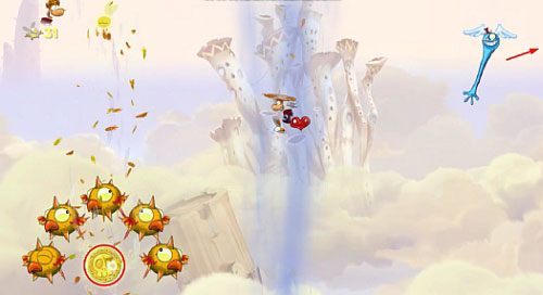 Za drzwiami , po skoku z atakiem na bęben do którego dostaniesz się niszcząc most, będziesz mógł zebrać 7 L - Wiatr albo przewóz (300 L, 2:20) | Pustynia Dijirdów | Rayman Origins - Rayman Origins - poradnik do gry