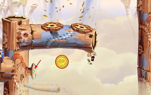 Przed drzwiami z okiem znajdziesz Żalumek (2 L), do którego dostaniesz się niszcząc most - Wiatr albo przewóz (300 L, 2:20) | Pustynia Dijirdów | Rayman Origins - Rayman Origins - poradnik do gry