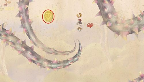 Dalej szybując przez roślinkę, wokół której krążą przeciwnicy, uwolnisz LK - Wiatr albo przewóz (300 L, 2:20) | Pustynia Dijirdów | Rayman Origins - Rayman Origins - poradnik do gry