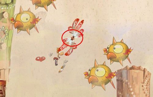 Za drzwiami z okiem znajdziesz ostatnią klatkę z E, której zniszczenie zakończy poziom - Wiatr albo przewóz (300 L, 2:20) | Pustynia Dijirdów | Rayman Origins - Rayman Origins - poradnik do gry