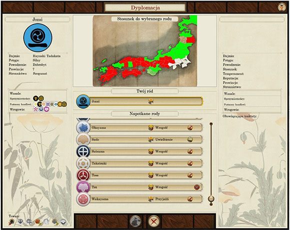 Nasze ziemie zaznaczono kolorem białym, wrogów czerwonym a przyjaciół, zielonym. - Dyplomacja | Mechanizmy rozgrywki | SHOGUN 2 - Zmierzch Samurajów - Total War: SHOGUN 2 - Zmierzch Samurajów - poradnik do gry