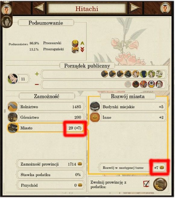 Zgodnie z prognozami rozwój miasta będzie wrastał o tę samą wartość, co się przełoży na zamożność stolicy prowincji - Finanse | Mechanizmy rozgrywki | SHOGUN 2 - Zmierzch Samurajów - Total War: SHOGUN 2 - Zmierzch Samurajów - poradnik do gry