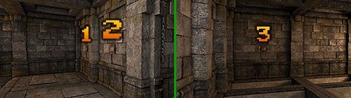 Przyciski po twojej stronie zapadni oznaczyłem cyframi 1 i 2 a przycisk po przeciwnej stronie cyfrą 3 - Poziom 5 - Hallways (Korytarze) | Opis przejścia | Dragon Age II Dziedzictwo - Legend of Grimrock - poradnik do gry