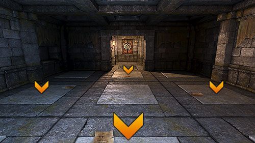 Z dziewięciu znajdujących się tutaj płyt dociskowych, cztery przytrzymaj w przedstawiony sposób jakimiś zbędnymi przedmiotami (ja użyłem starych notatek Tooruma) - Poziom 9 - Goromorg Temple I (Świątynia Goromorga I) | Opis przejścia - Legend of Grimrock - poradnik do gry