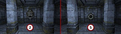 Sztuczka w tym punkcie polega na tym, aby wystrzelić świetlisty pocisk z Punktu (2) tak, aby doleciał do gniazda w punkcie (5) - Poziom 10 - Goromorg Temple II (Świątynia Goromorga II) | Opis przejścia - Legend of Grimrock - poradnik do gry