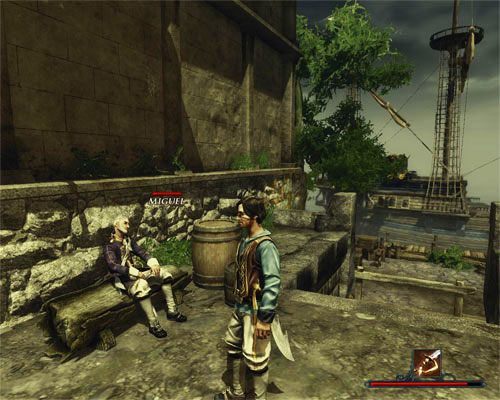 Miguel jest nadzorcą portowego magazynu - często przesiaduje na ławce przed budynkiem. - Drewniane skrzynie dla Miguela | Zadania - Wybrzeże Ostrzy | Risen 2 - Risen 2: Mroczne wody - poradnik do gry