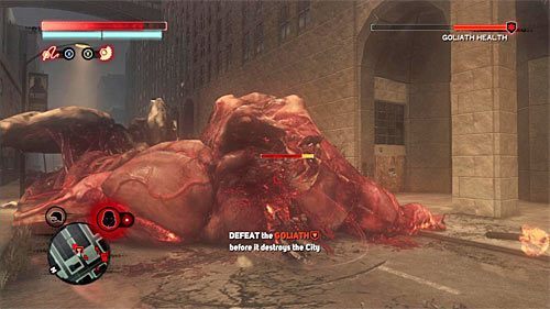 Ostatnia część ciała to odwrócona głowa goliata (powyższy screen), której zniszczenie powinno być równoznaczne z pokonaniem ogromnego mutanta - 12 - Operation - Clockwork (2) | Misje Blacknet w Prototype 2 - Prototype 2 - poradnik do gry