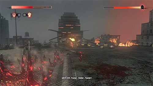 Mercer ma kilka stałych rodzajów ataków i najbardziej rozpoznawalnym z nich jest zawiśnięcie w powietrzu w połączeniu z doprowadzaniem do wysuwania się z ziemi kolców - 31 - FINAŁ - Murder Your Maker | Główny wątek fabularny Prototype 2 - Prototype 2 - poradnik do gry