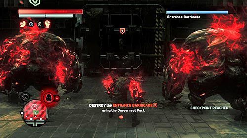 Zgodnie z sugestią gry zacznij od namierzenia bramy wejściowej (przytrzymanie lewego triggera) i następnie wciśnij prawą gałkę analogową, dzięki czemu juggernauty powinny przystąpić do jej atakowania - 30 - A Labor of Love | Główny wątek fabularny Prototype 2 - Prototype 2 - poradnik do gry