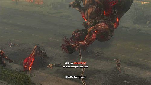 Po wyczerpaniu paska energii głowy zaatakuj wskazaną przez grę jedną z dolnych kończyń goliata - 29 - Lost in the System | Główny wątek fabularny Prototype 2 - Prototype 2 - poradnik do gry