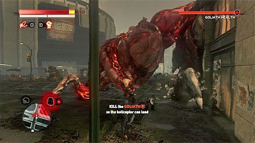 Kontynuuj wyprowadzanie ataków dystansowych biczem, pamiętając o konieczności unikania standardowych uderzeń goliata oraz stosowanych przez niego szarż (uciekaj przed nimi na dachy budynków) - 29 - Lost in the System | Główny wątek fabularny Prototype 2 - Prototype 2 - poradnik do gry