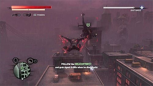 W trakcie podążania za śmigłowcem polegaj na długich skokach oraz opcji szybowania, starając się nie tracić maszyny z oczu, gdyż śledzenie jej wyłącznie w oparciu o widoczną na ekranie zieloną ikonkę jest o wiele trudniejsze - 27 - Divine Intevention | Główny wątek fabularny Prototype 2 - Prototype 2 - poradnik do gry