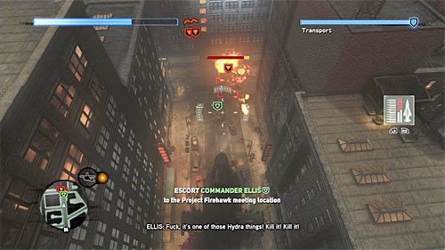 Jako że w dalszej części misji musisz ochraniać pojazd opancerzony warto obniżyć lot śmigłowca, chyba że duże problemy sprawia Ci lawirowanie pomiędzy budynkami - 26 - Fly in the Ointment | Główny wątek fabularny Prototype 2 - Prototype 2 - poradnik do gry