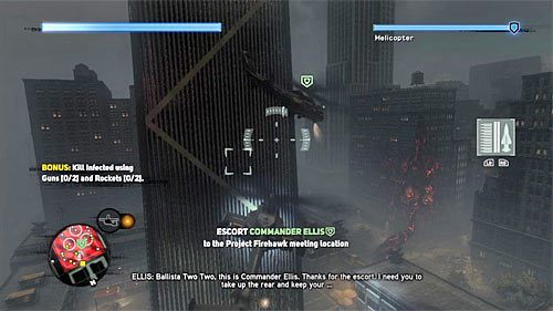 Wznieś się na zbliżoną wysokość do śmigłowca komandora Ellisa (prawy trigger) i leć za nim - 26 - Fly in the Ointment | Główny wątek fabularny Prototype 2 - Prototype 2 - poradnik do gry