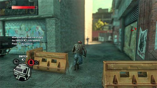 W tym konkretnym przypadku nie radziłbym korzystać z opcji biegania po ścianach, bo najważniejszą sprawą jest znalezienie jakiegoś ustronnego miejsca, w którym wrogowie stracą z oczu Hellera - 3 - The Strong Survive | Główny wątek fabularny Prototype 2 - Prototype 2 - poradnik do gry