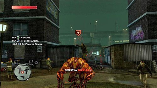 Wychyl lewą gałkę analogową w stronę potwora (do góry) i wciśnij następnie przycisk A, dzięki czemu Heller powinien przeskoczyć nad brawlerem (powyższy screen) - 4 - Operation Flytrap | Główny wątek fabularny Prototype 2 - Prototype 2 - poradnik do gry