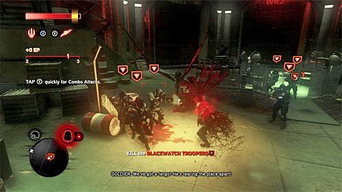 Wyrusz szybko w stronę żołnierzy Blackwatch i zgodnie z sugestią gry przetestuj ataki nowo odblokowami pnączami, wciskając przycisk Y - 6 - Project Long Shadow | Główny wątek fabularny Prototype 2 - Prototype 2 - poradnik do gry