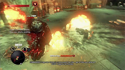 Nie próbuj w standardowy sposób atakować Juggernauta wyrzutnią, bo potrafi on blokować ataki swoimi tarczami - 7 - Feeding Time | Główny wątek fabularny Prototype 2 - Prototype 2 - poradnik do gry