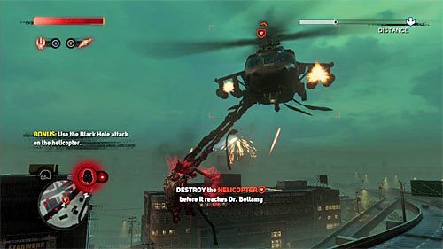 Śmigłowiec możesz zniszczyć na kilka różnych sposobów, przy czym jeśli chcesz zaliczyć bonusowy cel misji, to musisz przynajmniej raz zaatakować go z użyciem ataku Black Hole (przytrzymanie przycisku Y) - 8 - The Lab Rat | Główny wątek fabularny Prototype 2 - Prototype 2 - poradnik do gry