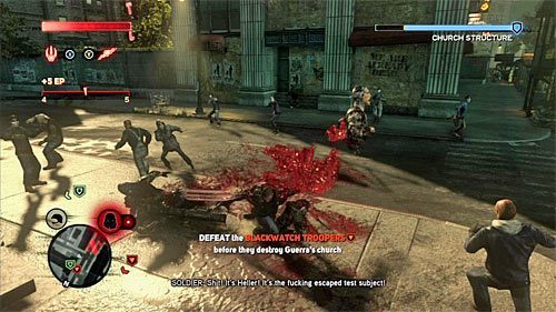 Postaraj się jak najszybciej dotrzeć w okolice wejścia do kościoła, pomagając sobie sprintem i opcją szybowania - 9 - Salvation | Główny wątek fabularny Prototype 2 - Prototype 2 - poradnik do gry