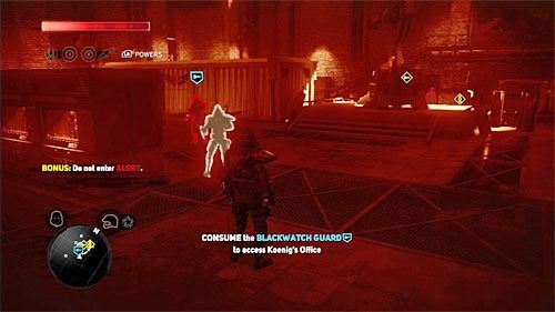 Jeżeli wartownik zdąży skorzystać ze schodów, to niestety jego wchłonięcie okaże się bardziej skomplikowane, albowiem będziesz musiał uważać na detektor wirusów, a także przed zaatakowaniem go wchłonąć kilku innych żołnierzy (powyższy screen), przez których będzie obserwowany - 10 - The Mad Scientist | Główny wątek fabularny Prototype 2 - Prototype 2 - poradnik do gry