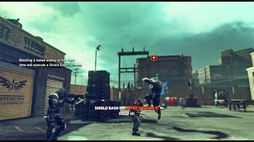 Przed Tobą pojedynek z pełniącym rolę mini-bossa super żołnierzem i gra pozwoli Ci na spokojnie przetestować najskuteczniejszy ruch na tego typu osobników, a mianowicie uderzenie tarczą (Shield Bash) - 10 - The Mad Scientist | Główny wątek fabularny Prototype 2 - Prototype 2 - poradnik do gry