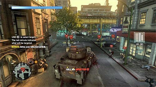 Zgodnie z sugestią gry dobrze byłoby zacząć rozjeżdżać zainfekowanych, albowiem z faktem tym wiąże się możliwość zaliczenia bonusowego celu misji - 14 - Enemies and Allies | Główny wątek fabularny Prototype 2 - Prototype 2 - poradnik do gry