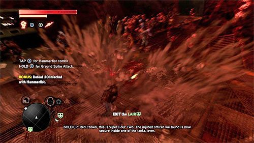 Przed opuszczeniem legowiska polecam zgodnie z sugestią gry przetestować pięści-młoty, zwłaszcza że wiąże się z tym bonusowy cel misji - 17 - A Nest of Vipers | Główny wątek fabularny Prototype 2 - Prototype 2 - poradnik do gry