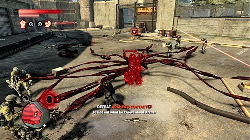 Po przesłaniu żołnierzowi bomby ponownie go złap, namierz bossa (lewy trigger) i szybko ciśnij żołnierza w jego stronę (przycisk B) - 19 - A Maze of Blood | Główny wątek fabularny Prototype 2 - Prototype 2 - poradnik do gry