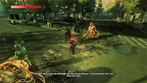 Zanim na dobre zajmiesz się atakowaniem żołnierzy dobrze byłoby zająć się zaliczeniem bonusowego celu misji, czyli odpaleniem specjalnego ataku Lider stada - 21 - Fall from Grace | Główny wątek fabularny Prototype 2 - Prototype 2 - poradnik do gry