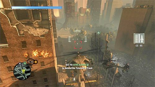 Cel podróży to lokacja [679, 149] i warto odpowiednio wcześniej obniżyć swój lot (lewy trigger), bo już za kilka chwil zmuszony zostaniesz do przystąpienia do atakowania celów naziemnych - 23 - Predator and Prey | Główny wątek fabularny Prototype 2 - Prototype 2 - poradnik do gry