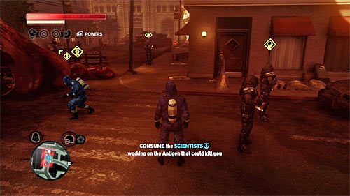 Naukowiec stojący w środku jest obserwowany przez pojedynczego żołnierza Blackwatch, tak więc to właśnie nim musisz się najpierw zająć i dopiero wtedy podejść do wskazanej przez grę postaci - 9 - Operation - Spotted Cat (1) | Misje Blacknet w Prototype 2 - Prototype 2 - poradnik do gry