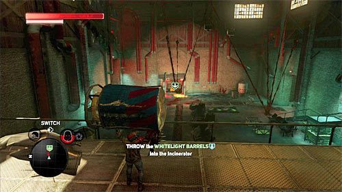 Każdą z beczek należy podnieść i rzucić nią (przycisk B) w stronę pieca (możesz to wykonywać z górnego balkoniku) - 9 - Operation - Spotted Cat (2) | Misje Blacknet w Prototype 2 - Prototype 2 - poradnik do gry