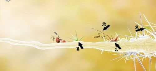 W pierwszej kolejności kliknijmy wszystkie trzy kolczaste stworki (1), gdyż otrzymamy za to [KARTA nr 19] - Etap drugi - klucze | Opis przejścia - Botanicula - Botanicula - poradnik do gry