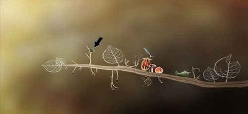 Lądujemy na gałęzi, na której znajdujemy rozczłonowanego, zielonego ludka - Etap czwarty - kasztanki | Opis przejścia - Botanicula - Botanicula - poradnik do gry