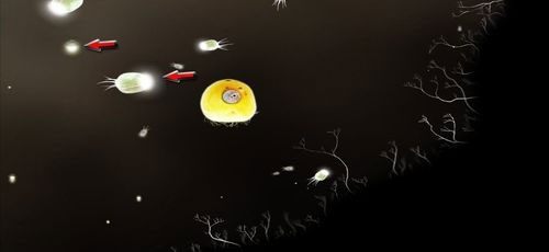 Po najechaniu na wodne stworzenia (czerwone strzałki), pozyskamy [KARTA nr 101] oraz [KARTA nr 102] - Etap szósty - symbole żywiołów (2) | Opis przejścia - Botanicula - Botanicula - poradnik do gry