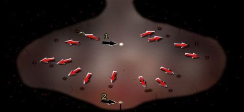 Gdy wlecimy do zilustrowanego wyżej pomieszczenia, zostaniemy otoczeni przez wielu przeciwników (czerwone strzałki) - Etap siódmy - nasionka | Opis przejścia - Botanicula - Botanicula - poradnik do gry