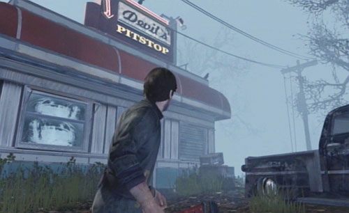 Opuść sklep i śledź dwa ślady zadrapania na deskach/drodze, aż ponownie dojdziesz do głównej ulicy - Las - Misja główna - droga do Devils Pitstop | Devils Pitstop - Silent Hill: Downpour - poradnik do gry