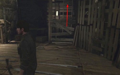 Zejdź schodami na dół, gdzie zniszcz deski blokujące przejście do drabiny (strzałka) - Misja główna - niższy poziom Devils Pit | Devils Pit | Silent Hill Downpour - Silent Hill: Downpour - poradnik do gry