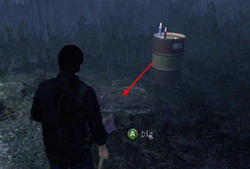 Jeżeli pójdziesz prawą ścieżką za fontanną, a następnie ponownie skręcisz w prawo, dojdziesz do miejsca, w którym możesz wykopać kolejny relikt - Misje poboczne (2) | Silent Hill cz.2 | Silent Hill Downpour - Silent Hill: Downpour - poradnik do gry