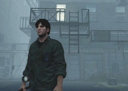 Zawróć się do przejścia w ogrodzeniu, którym tu wszedłeś, a po lewej stronie zobaczysz, balkon z drabiną, której nie możesz dosięgnąć - Misje poboczne (1) | Silent Hill cz.3 | Silent Hill Downpour - Silent Hill: Downpour - poradnik do gry