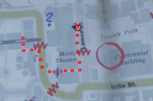 Podążaj za kropkami, które zaczynają się w twojej pozycji, gdzie zabrałeś Four Token, do miejsca oznaczonego czerwonym krzyżykiem - Misje poboczne (3) | Silent Hill cz.4 | Silent Hill Downpour - Silent Hill: Downpour - poradnik do gry