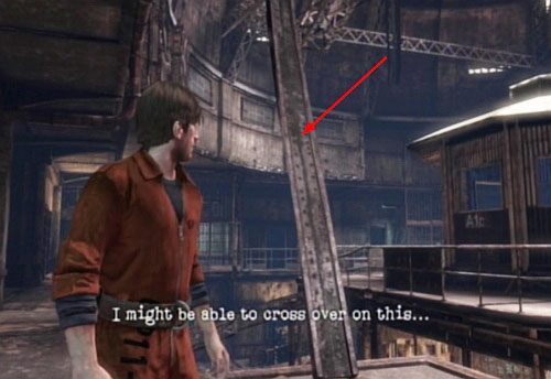 Skręć w lewo (przejście przeciwne do tego, z którego wyleciała notka) i podążaj do końca, gdzie po lewej stronie zobaczysz metalowy filar - Misja główna - block A3 | Więzienie | Silent Hill Downpour - Silent Hill: Downpour - poradnik do gry